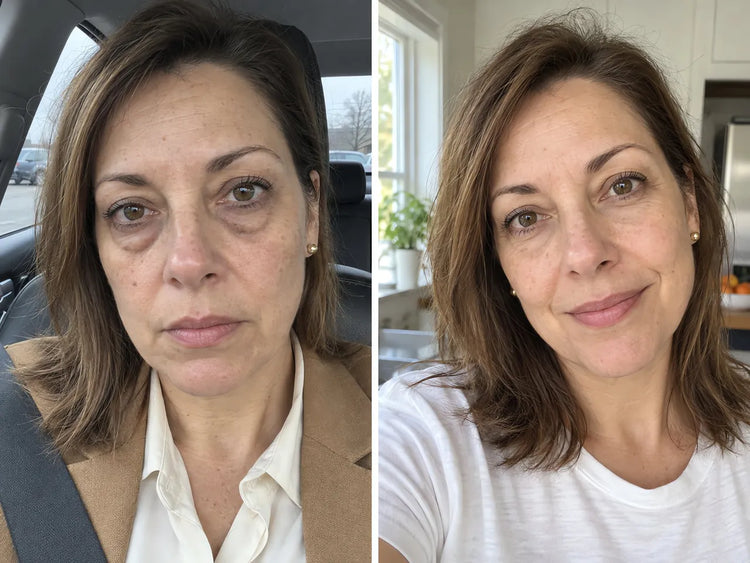 Before and after: dark circles and tired-looking under-eyes of a woman in her 50s, then the same eyes looking rested