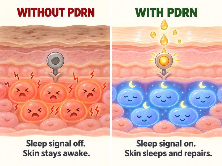 Two drawings of the skin. Without PDRN: the sleep signal is off and the skin cells are awake. With PDRN: the signal is on and the skin cells sleep and repair.