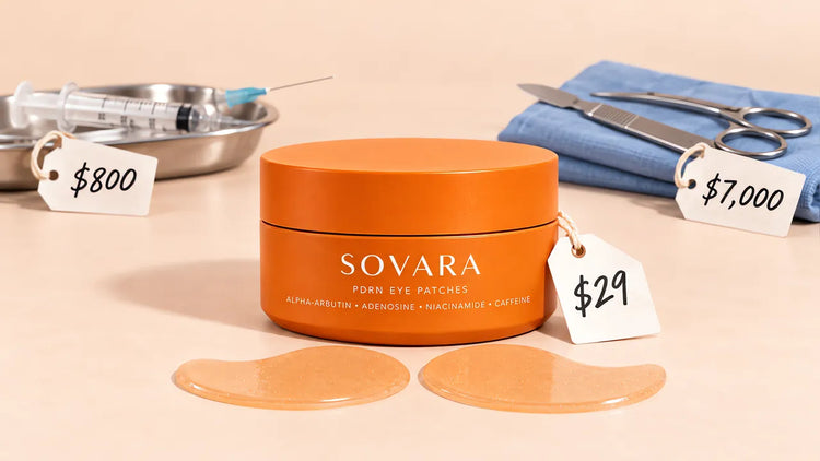 The Sovara jar in front with a 29 dollar price tag; behind it an under-eye filler syringe tagged 800 dollars and eyelid surgery tools tagged 7,000 dollars