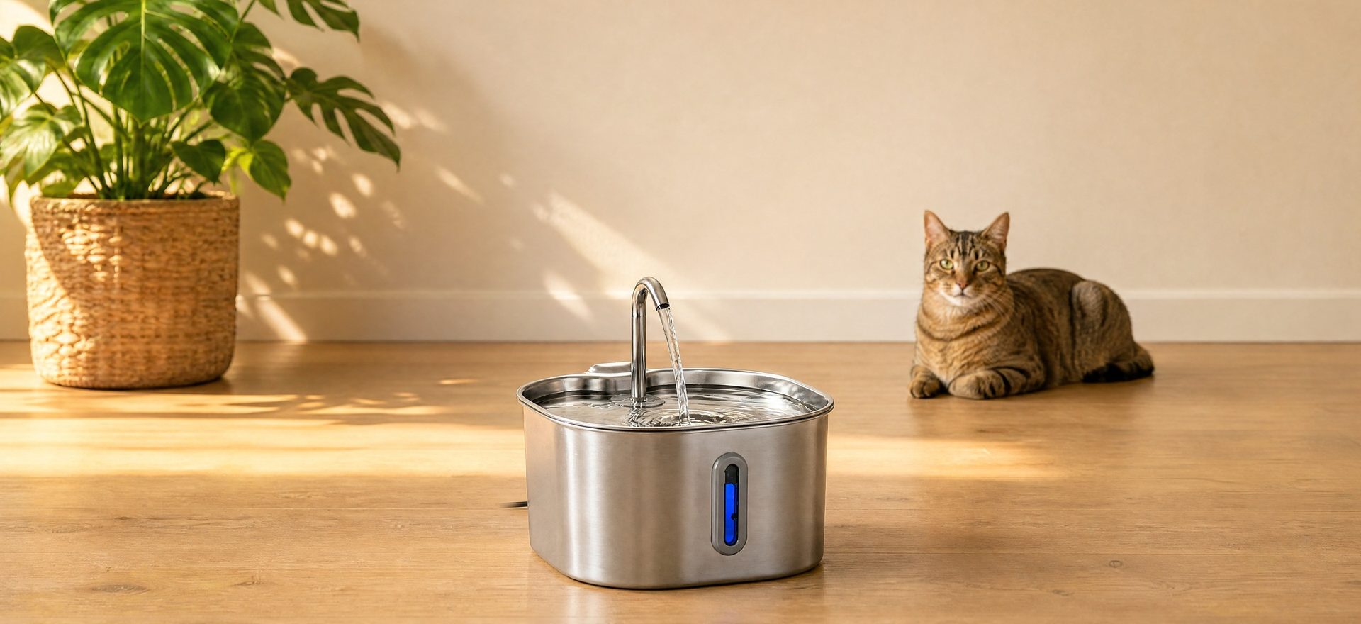 Sovara Katzenbrunnen im Wohnzimmer, Katze im Hintergrund