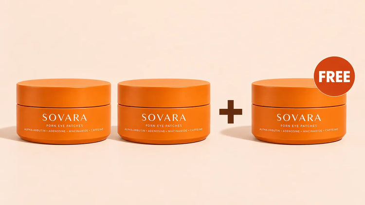 Two jars of Sovara PDRN Eye Patches plus a third jar marked FREE, eight weeks of overnight under-eye patches