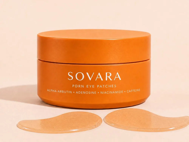 A jar of Sovara PDRN Eye Patches with two orange overnight under-eye patches for dark circles and puffy eyes