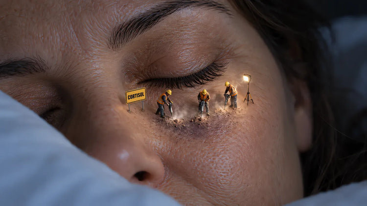 A woman in her 50s asleep after a long day at the office, with tiny builders drilling into the skin under her closed eye