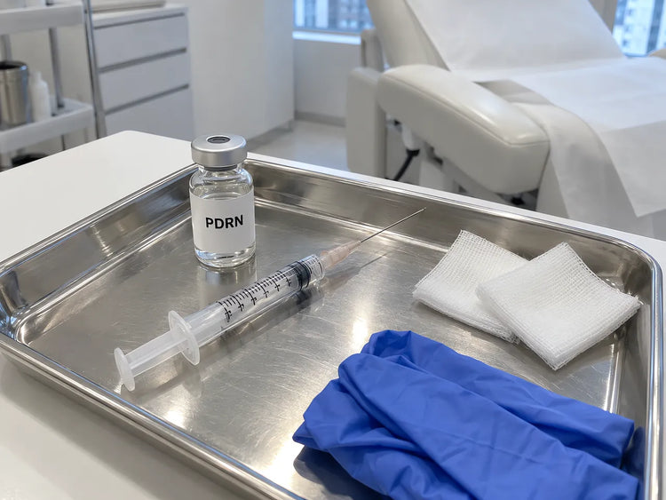 A skin clinic tray in Seoul with a syringe, a long thin needle and a small vial labelled PDRN, the injection women get for dark circles and tired-looking under-eyes