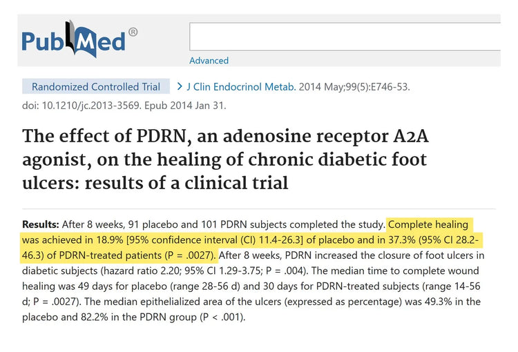 The study on PubMed: The effect of PDRN on the healing of chronic diabetic foot ulcers, Journal of Clinical Endocrinology and Metabolism, 2014, with the result highlighted
