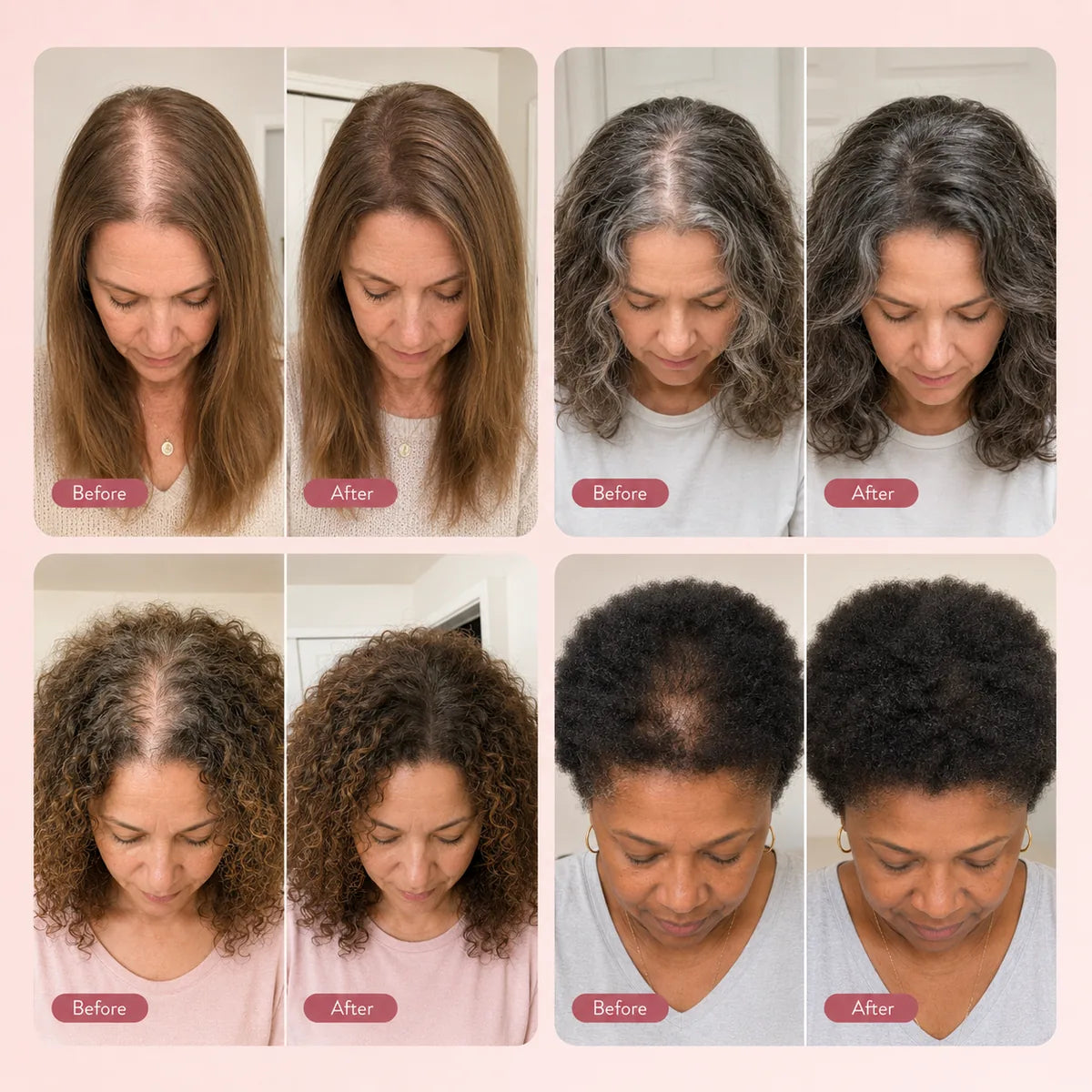 Four women with different hair types, before and after
