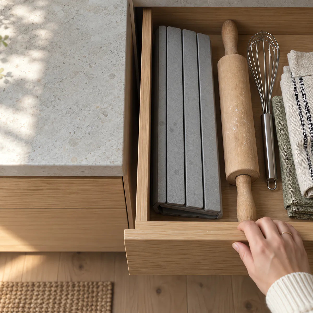 The stone mat folded in a kitchen drawer